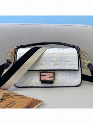 Fendi Baguette Medium FF Canvas Bag White  2021 Collection