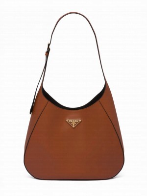 Prada Large Leather Shoulder Bag With Topstitching 1BC181 Coffee