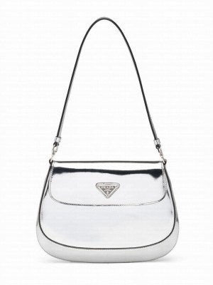 Prada Cleo Brushed Leather Shoulder Bag With Flap 1BD311 Silver