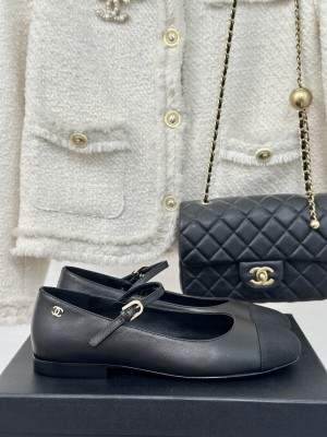 Chanel Women's Lambskin & Grosgrain Mary Janes Ballet Flat Black