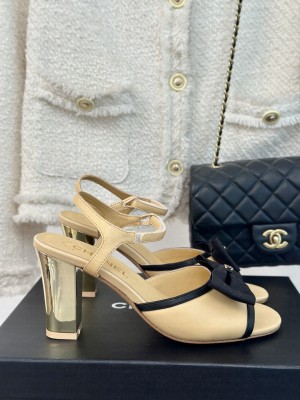Chanel 7cm Lambskin & Grosgrain Bow Sandals G45690 Beige