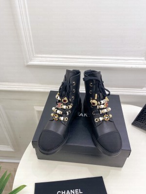 Chanel Calfskin, Grosgrain, Imitation Pearls, Strass & Metal Black G45856 Combat Boots 02