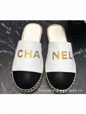 Chanel Gold Logo Espadrilles Mules White/Black 2019