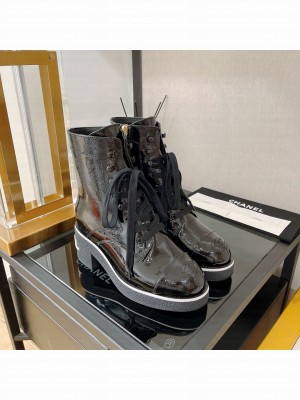 Chanel Crinkled Leather Lace-ups Ankle Boots Black