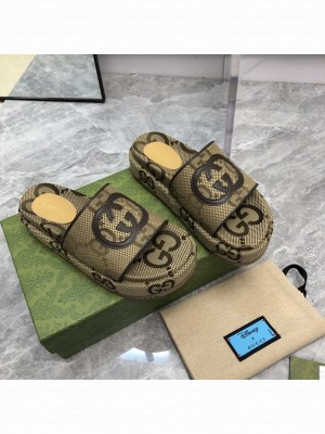 Gucci Jumbo GG Canvas Platform 5cm Slide Sandals with Interlocking G 2023 08