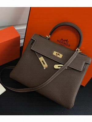 Hermes Kelly 25 Bag in Calf Leather with Gold Hardware Grey Elephant 