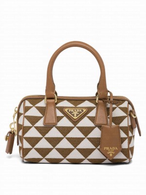 Prada Symbole Embroidered Jacquard Fabric Top-handle Bag Coffee