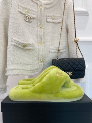 Chanel Shearling Flat Thong Sandals Green