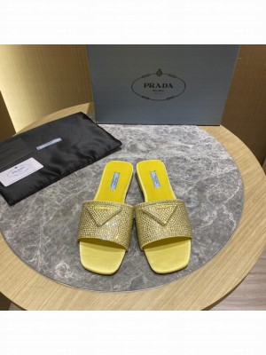 Prada Satin Flat slides sandals With Cryscals 2022 Collection,Yellow