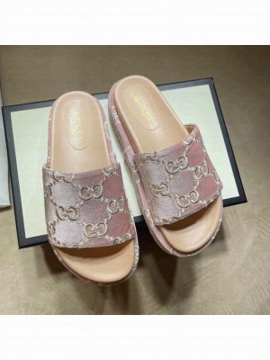 Gucci Velvet GG Platform Slide Sandal 573018 Light Pink 2021 Collection