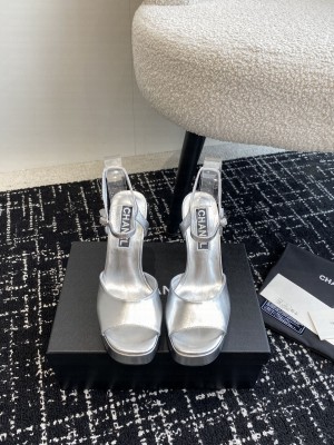 Chanel Platform 4cm Heel 12cm Calfskin Sandals Silver