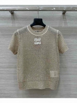 Miumiu Women's Lettering Embroidered Openwork Sweater Apricot