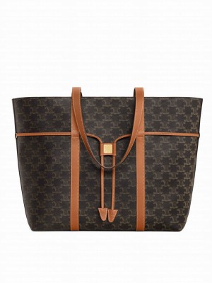 Celine Cabas Drawstring In Triomphe Canvas And Calfskin Coffee