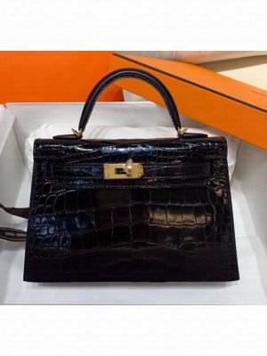 Hermes Mini Kelly II Handbag in Glossy Real Alligator Leather Black (Handmade) Collection