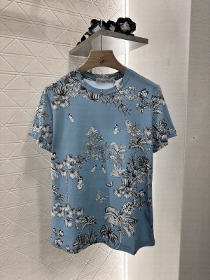 Christian Dior Dioriviera T-Shirt Blue Toile de Jouy Palms Cotton and Linen Jersey