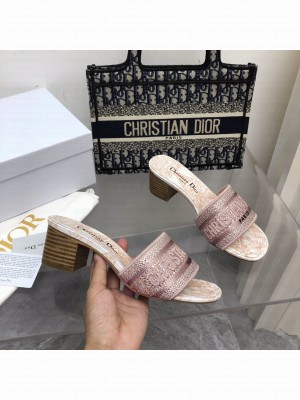 DIOR DWAY HEELED SLIDE With Crystal Embroidered Cotton 2022 Collection ,Pink