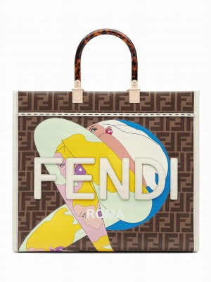 Fendi Sunshine Medium FF Fabric Shopper 8BH386 Dark Coffee