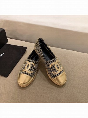 Chanel Tweed/Grosgrain Espadrilles Lambskin Leather Spring/Summer 2021 Collection, Black/Gold
