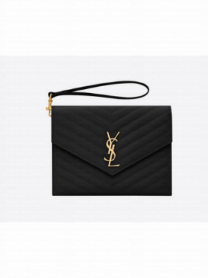 Yves Saint Laurent MONOGRAM CLUTCH IN QUILTED GRAIN DE POUDRE EMBOSSED LEATHER 617662 black