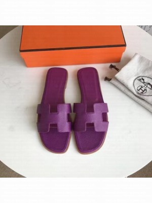 Hermes Oran Flat slippers in epsom leather purple with brown piping