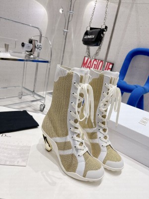 Dior D-Zenith Heeled Ankle Boots 8cm in Beige Calfskin and Technical Knit 2022