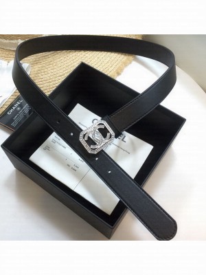 Chanel Leather Belt 30mm with Framed Crystal CC Buckle Black  2021 Collection