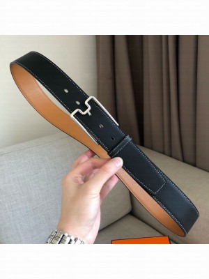 Hermes Goodnight Leather Belt 38mm with Framed Buckle Black/Silver 2019 Collection