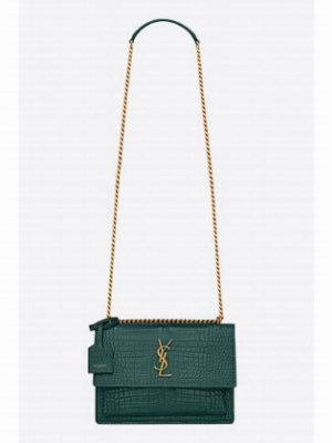 SAINT LAUREN SUNSET MEDIUM CHAIN BAG IN CROCODILE-EMBOSSED SHINY LEATHER 422906 SEA TURQUOISE