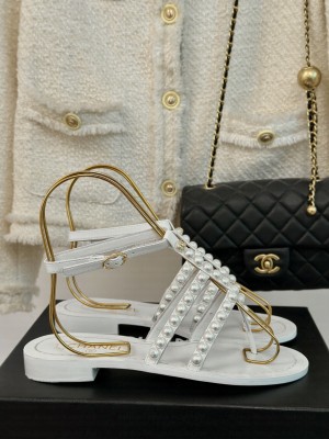 Chanel Lambskin With Pearl Flat Sandals White