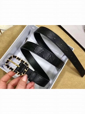 Chanel Width 2.5cm Chain Buckle Quilting Leather Belt Black