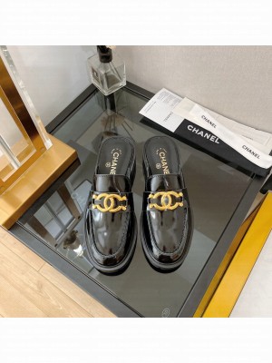 Chanel Patent Calfskin Flat Mules with Metal CC Black