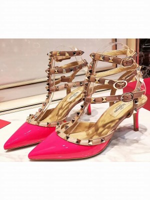 Valentino Heel 9.5cm Rockstud Caged Ankle Strap Pumps in Patent Leather Rouge Pink