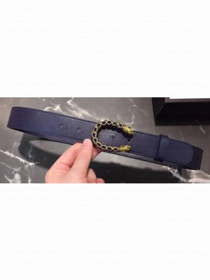 Gucci Width 3.5cm Leather Belt Navy Blue with Crystal Dionysus Buckle