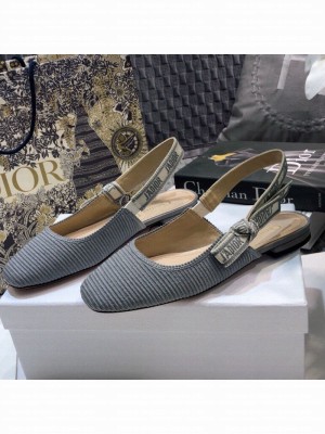 Dior x Moi Slingback Ballerinas Flats in Grey Ribbon Embroidered Cotton Spring/Summer 2021 Collection