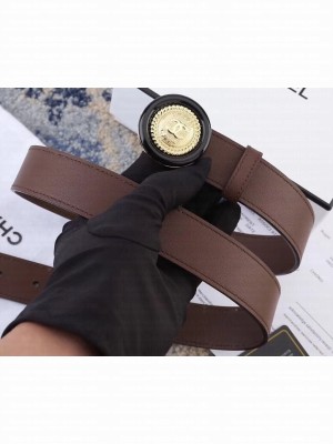 Chanel Width 3cm Button Round Buckle Leather Belt Coffee