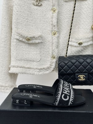 Chanel Crystals Flat Slide Sandals with Logo Band Black 2024
