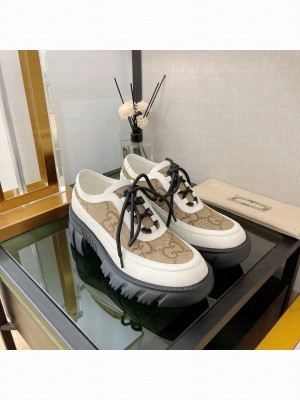 Gucci Women's Lug Sole Lace-up Loafers Beige Cavas