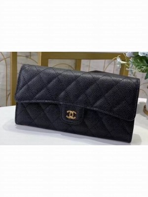 Chanel Classic Long Flap Wallet 30077 Grained Calfskin Black/Gold