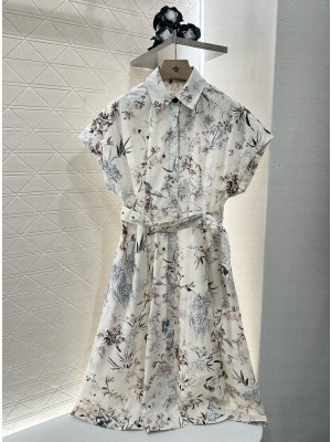 Christian Dior Mid-Length Belted Dress Beige Cotton and Linen Denim with Multicolor Millefiori Motif