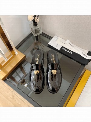 Chanel Patent Leather Mules with Love Charm Black