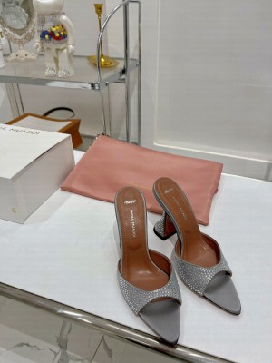 Amina Muaddi Caroline Crystal 9.5cm Slide Satin Mule Sandal Gray
