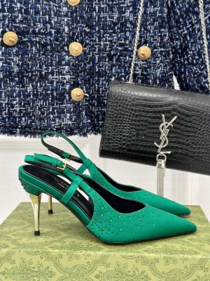 Gucci Satin Slingback Pumps 8.5cm with Crystals Green