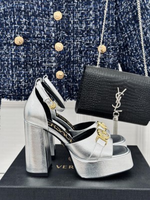 Versace Medusa '95 Metallic Leather High Heel Platform Sandals 12cm Silver 2024
