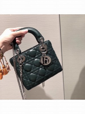 Lady Dior Mini sheepskin Bag in Cannage with Chain dark green