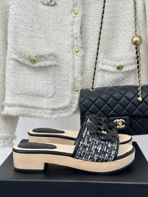 Chanel Calfskin Heel Slides Sandal 4cm with Camellia Bloom 014