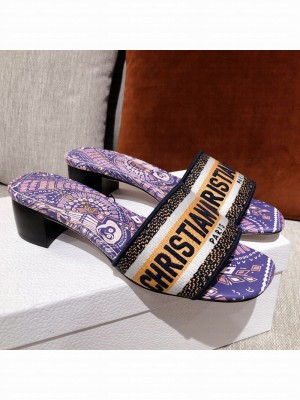 Dior Dway Embroidered Cotton Heel Slide Sandals 5cm Purple/Beige Spring/Summer 2021 Collection