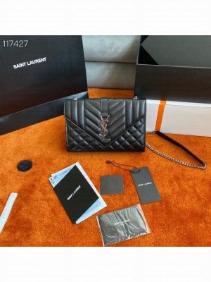 SAINT LAURENT MONOGRAM CHAIN WALLET IN MIX MATELASSE GRAIN DE POUDRE EMBOSSED LEATHER 526286 BLACK&SILVER