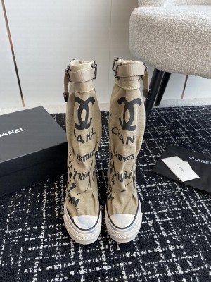 Chanel Graffiti Canvas High Boots Beige
