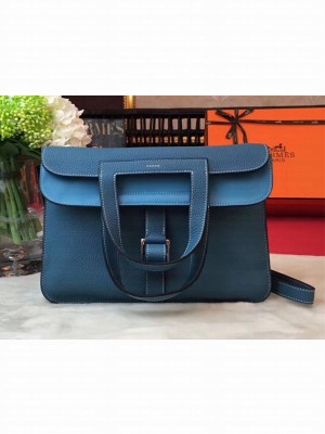 Hermes Halzan Tote Bag in Original Togo Leather Galicia Blue