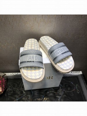 Dior Dway Slide Sandals in Grey Cotton Embroidery with Micro Houndstooth 2022 Collection